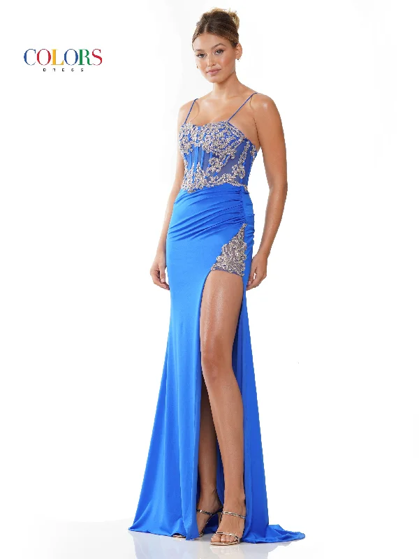 Unleash Your Fashion Boho Chic Colors 3316 Long Lace Corset Bodice Slit Satin Prom Dress