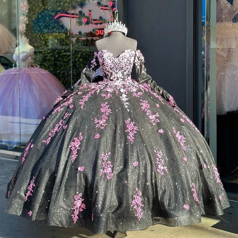 Insane Discount Onslaught Minimalist Chic Black Bling Quinceanera Dresses Mexican Sweetheart Off-The-Shoulder Long sleeve Pink Applique Ball Gowns A-Line Puffy Vestidos