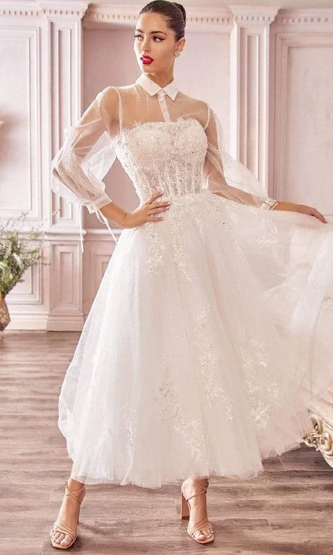 Limited-Time Offer Luxury Comfort Andrea and Leo - A1016 Collared Illusion Neckline Cocktail Length Bridal Dress - 1 pc Off White In Size 16 Available