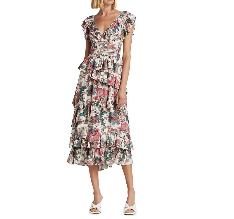 Hot Sale Lightweight Fabric Salome Flutter Sleeve Lurex Midi Dress In Lillie White Print