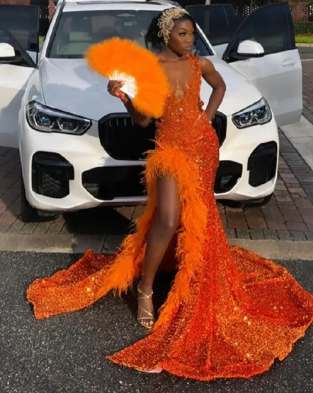 Holiday Attire Sale Tropical Island - Inspired Attire Orange Sparkly African Evening Reception Dresses for Women Luxury Diamond Crystal Feather Slit Prom Gown vestidos de fiesta