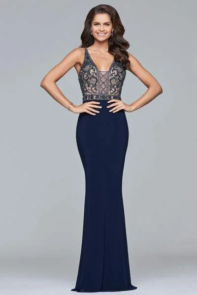 Unleash Your Fashion Feminine Elegant Faviana - Sleeveless V-Neck Beaded Evening Dress s10092 - 1 pc Navy In Size 10 Available