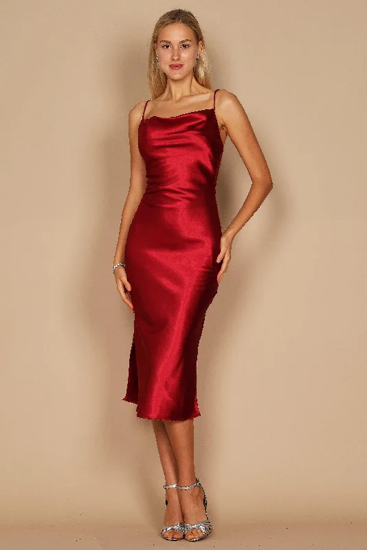 Winter Warehouse Sale Nordic Minimalist Home Look Cowl Neck Satin Midi Formal Cocktail Dress Burgundy