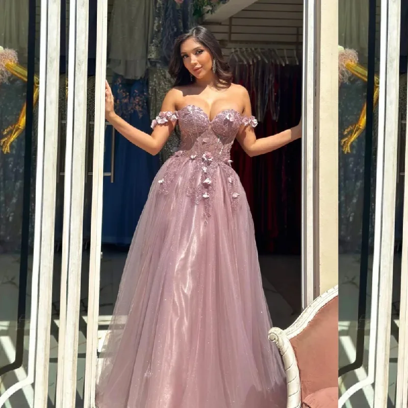 Feminine Luxe Style Sale Refined Simplicity Applique Flower Beading Sequined Celebrity A-line Off-the-shoulder Bespoke Occasion Gown Long Dresses