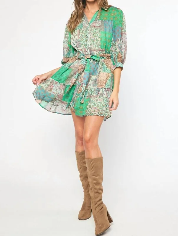 Save Big Refined Simplicity Belted Mini Dress In Green