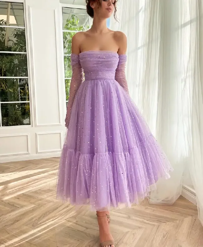 Essentials On Sale Nordic Minimalist Home Look Women's Lilac Tulle Sweet Short Prom Dresses Sleeveless Tea-Length Party Gown Graduation Homecoming Dress vestidos para mujer