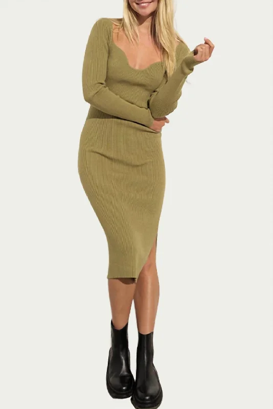 Sleek Style Discounts Subtle Sophistication Ribbed-Knit Sweetheart-Neck Midi Dress In Olive