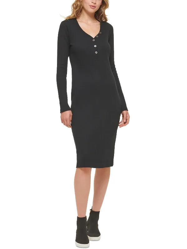 Fashion Forward Urban Sophistication Womens Henley Neckline Long Sleeve Midi Dress