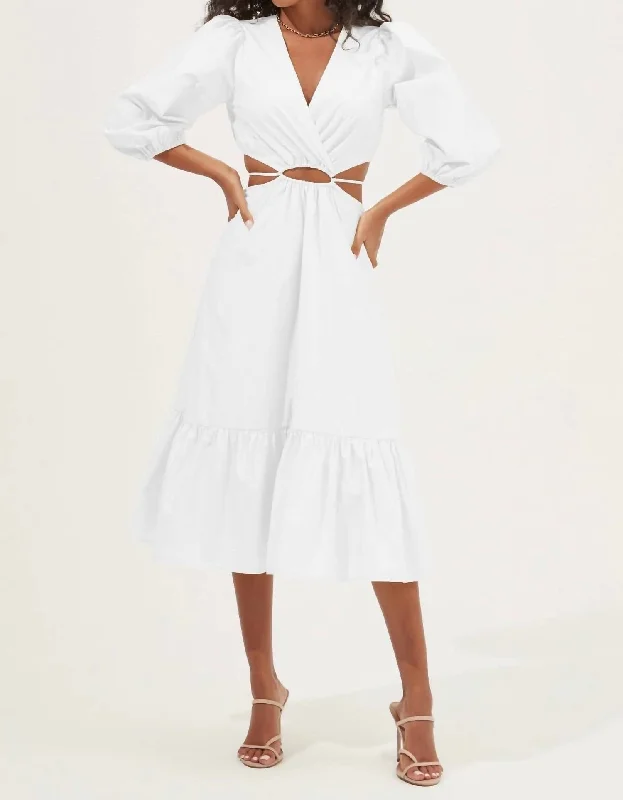 Limited Time Flash Sale Contemporary Chic Rosewood Surplice Cutout Waist Midi Dress In White