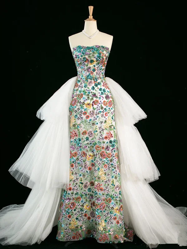 Relaxed Style Polished Finish Vintage A Line Strapless Sequin Floral Long Prom Dresses Evening Dress C3756