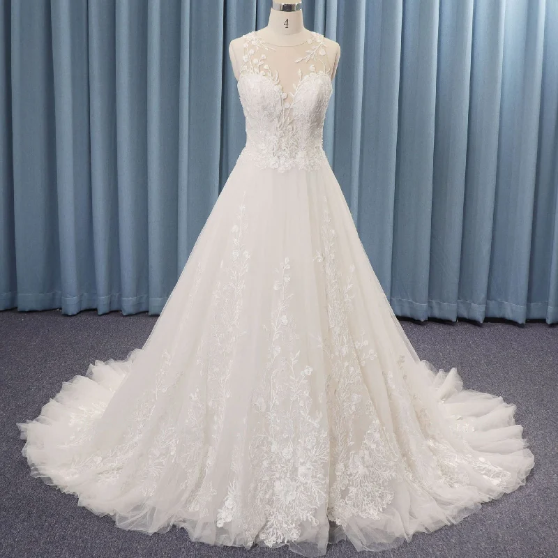 Premium Fashion Playful Elegance Sheer Neck Modern Tulle Lace A-line Wedding Dress