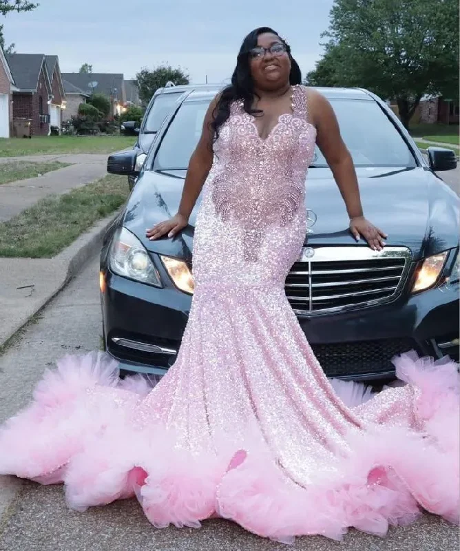 Must Haves Chic Sophistication Sparkly Pink Mermaid Long Evening Birthday Gala Dresses for Black Girl Plus Size Gillter Diamond Velvet Prom Gown