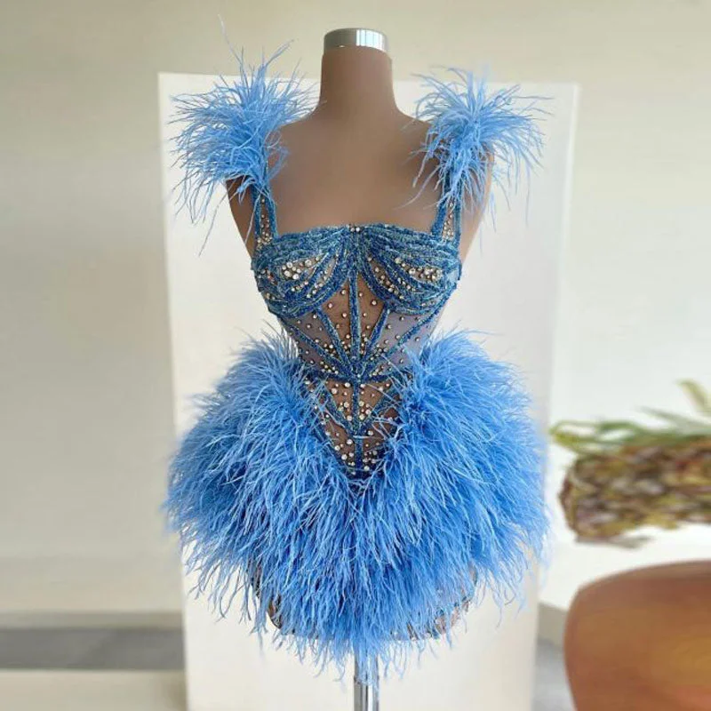 Popular Collection Romantic Flair Blue Short Prom Dresses with Feathers Corset Beaded Straps Mini Birthday Party Dress Chic Special Occasion Gowns Short فساتين حف