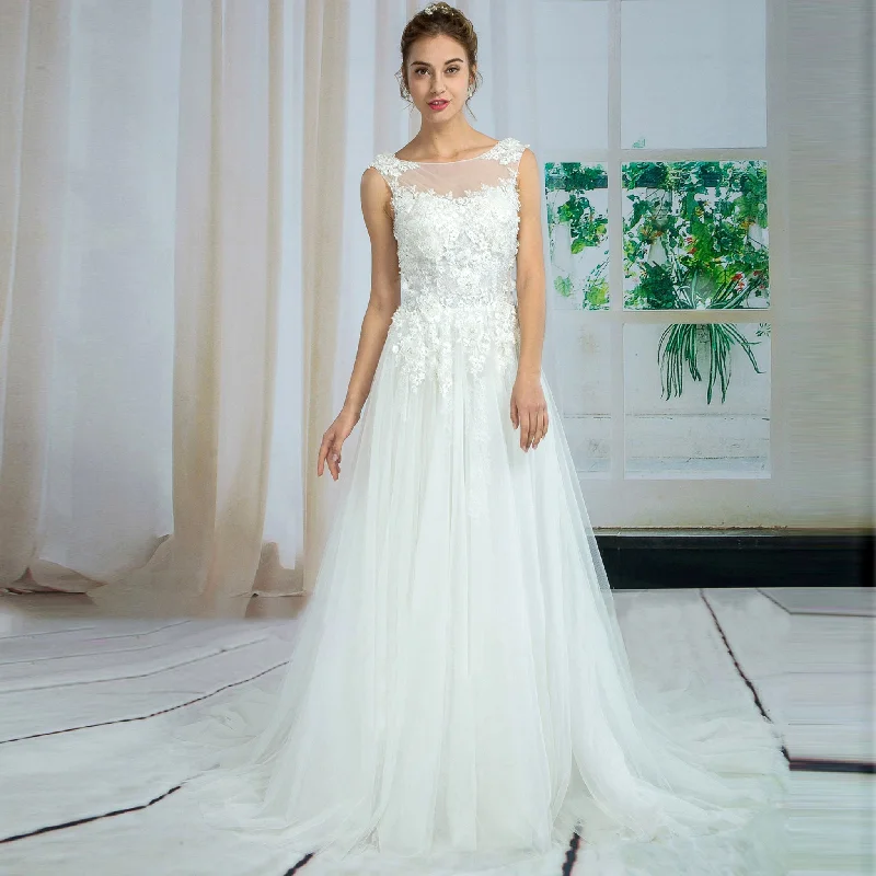 Elevated Casual Discounts Luxury Comfort Cap Sleeve Sheer Neckline Bodice Wedding Dress with Tulle Lace