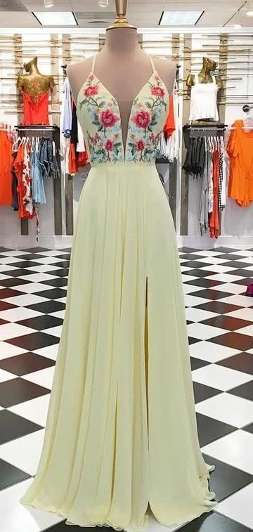 Comfort Meets Fashion Bold Patterns Yellow Long Prom Dress with Floral Embroidery  cg7978