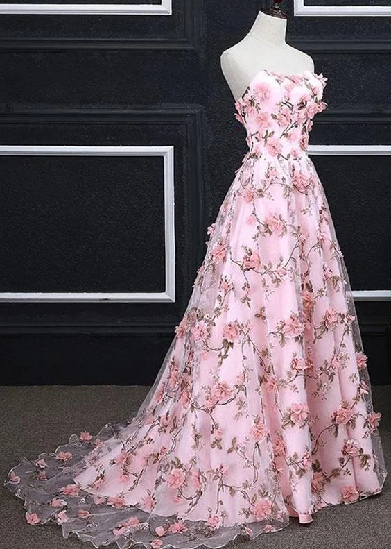 Quick Grab Deals Contemporary Chic Pink A-line Sweetheart Strapless Sweep Train Floral Print Long Lace Prom Dresses with flowers  cg8007