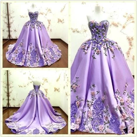 Luxe Style Discounts Minimalist Office - Ready Style Luxury Purple Ball Gown Evening Dresses 3D-Floral Appliques Flower Lace Formal Prom Gowns  g17157