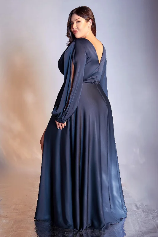 Fashion Forward, Function First Romantic Flair Cinderella Divine 7475C Plus Size Formal Long Sleeve Satin Dress Navy