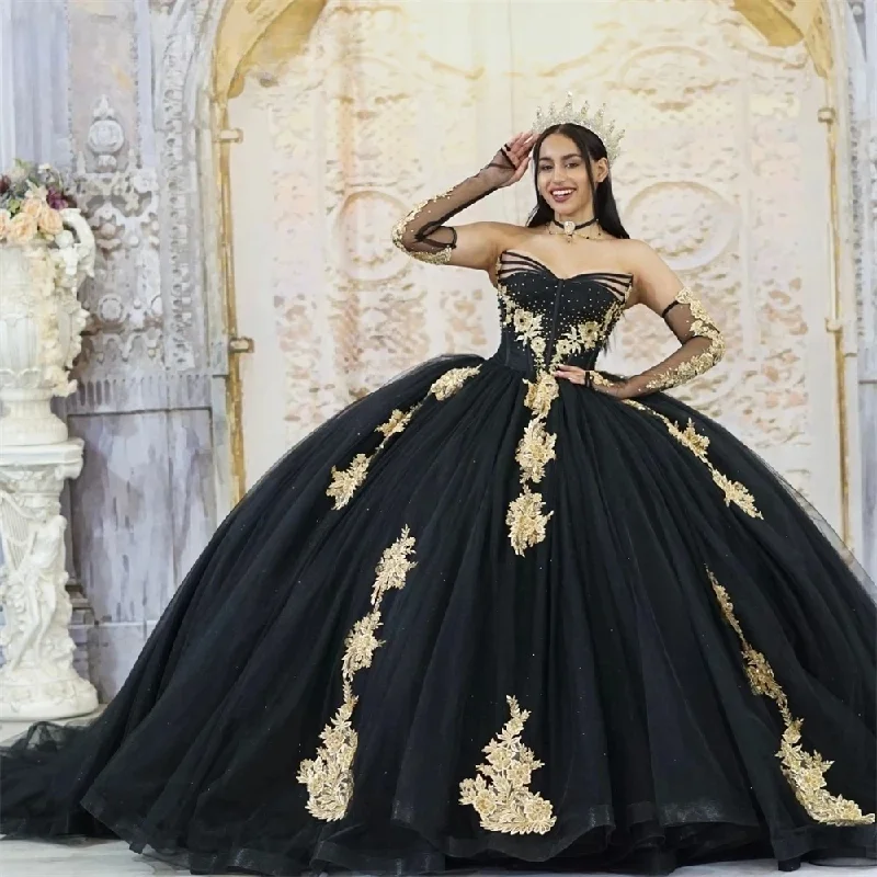 Flash Sale, Don'T Miss Casual Elegance Black Charro Quinceanera Dresses Ball Gown V-neck Tulle Appliques Beaded Mexican Sweet 16 Dresses 15 Anos