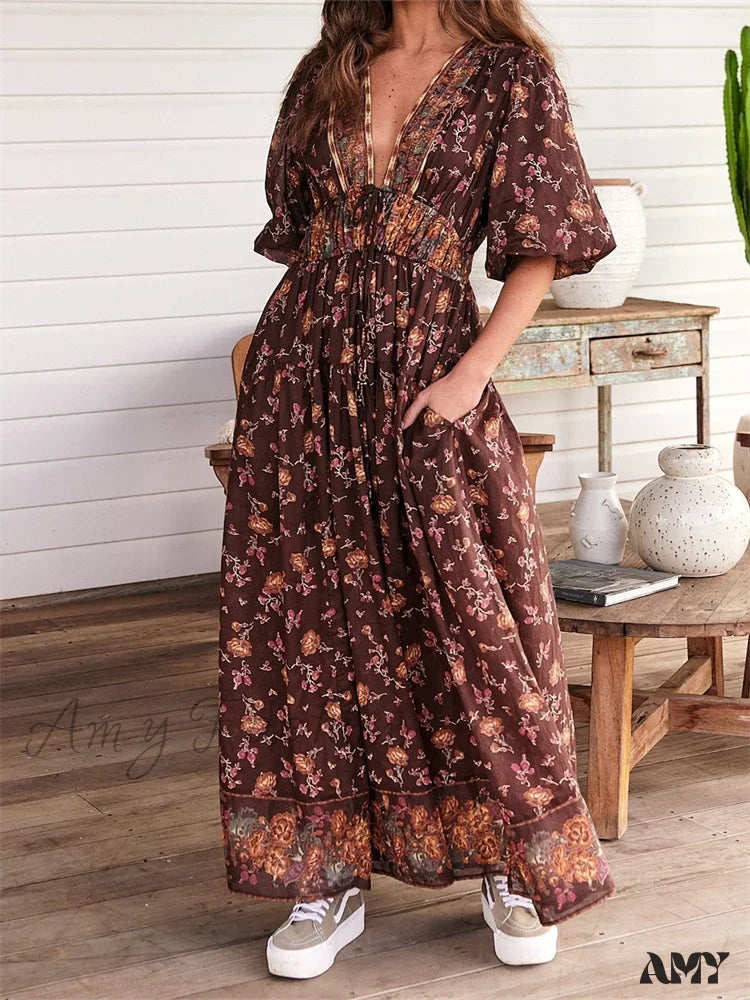 Chic & Cozy Collection Everyday Glamour Amy Fashion - Vintage Women Summer Beach  Short Sleeve Deep V Neck Boho Floral Print Party Female Vestidos  New