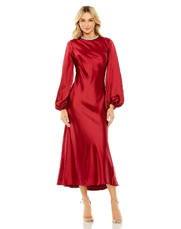 Comfortable Chic Cottagecore Rustic Charm Style Mac Duggal 27350 Long Sleeve Satin Tea Length Dress