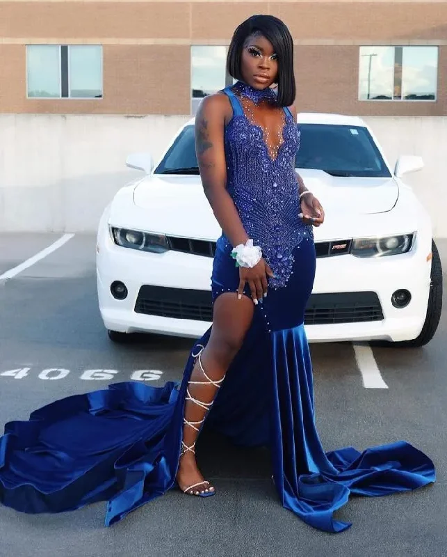 Casual Fashion Minimalist Office - Ready Style King Blue African Prom Dress for Women Sparkly Crystal Beaded Slit Velvet Black Girl Birthday Celebrity Queen Gown Gala