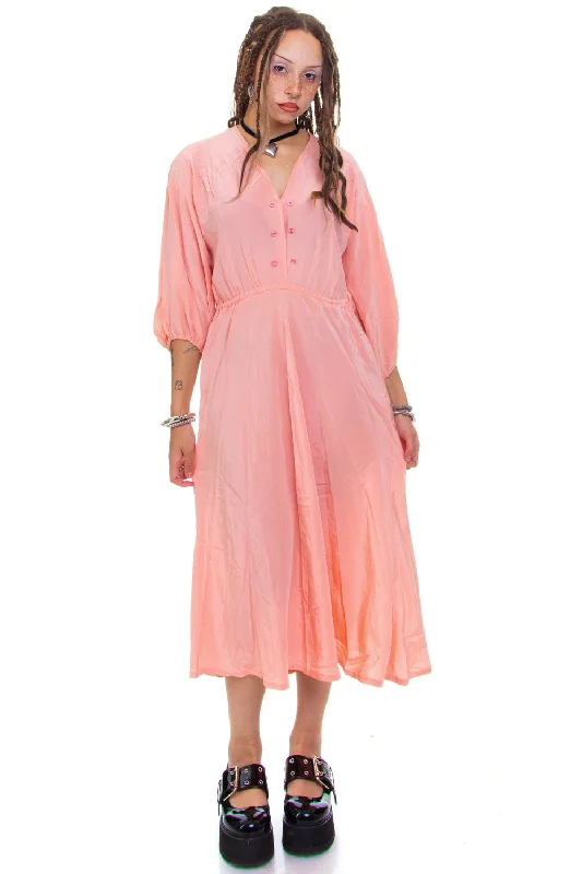 Discover Now Graceful Drape Vintage 70's Pink Silk Button Maxi Dress - S/M