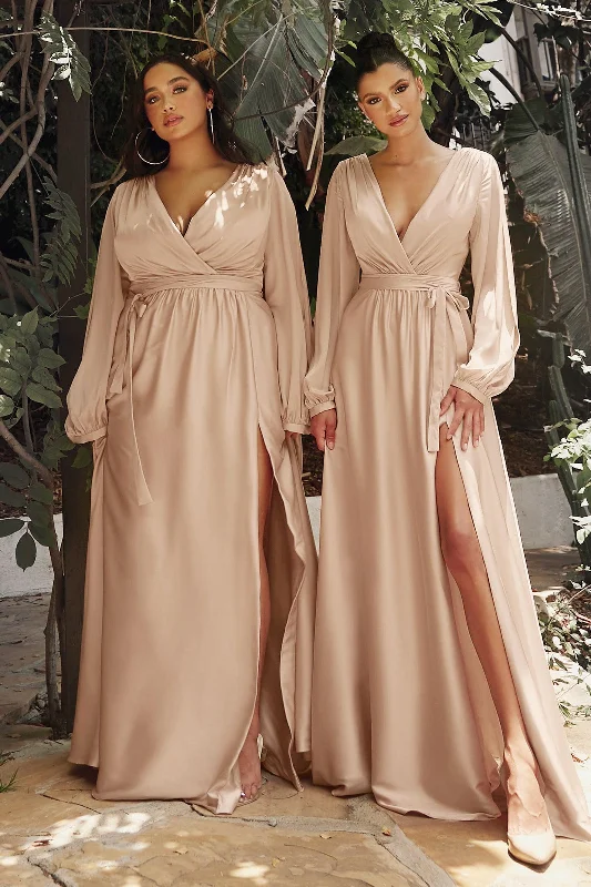 Effortless Style, Endless Impact Sleek Design Cinderella Divine 7475C Plus Size Formal Long Sleeve Satin Dress Nude