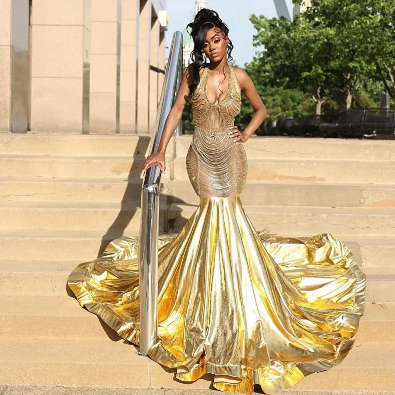 Polished Style Deals Luxe Layering Sparkly Gold Crystal Prom Dresses Backless Rhinestone Tassel Mermaid Party Gowns Sweep Train African Women Evening Dress