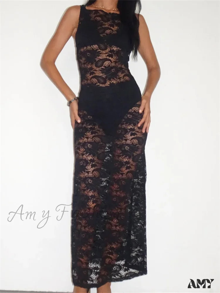 Luxury Fashion Limited - Stock Amy Fashion - Lace Floral Mesh See Through Black  for Women Summer Beach Clubwear Sexy Women Backless Tie-up