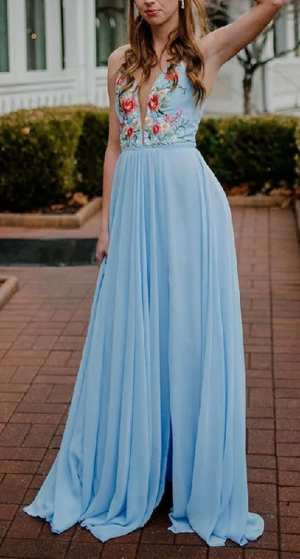 Limited Time Flash Sale Save on Classic Elegant Styles Blue and Floral Embroidery Prom Dresses Chiffon Long Prom Dress with Slit   cg8638