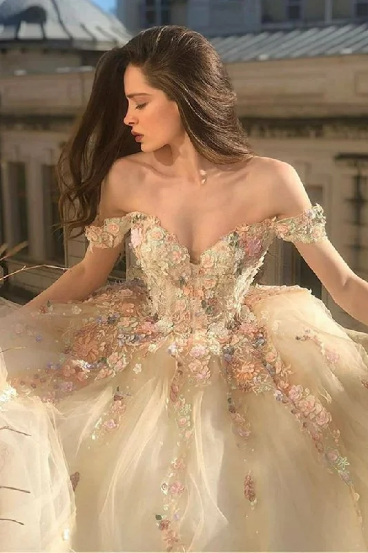 Budget Friendly Luxury Style Gorgeous Off Shoulder Champagne Lace Floral Prom Dress    cg17990