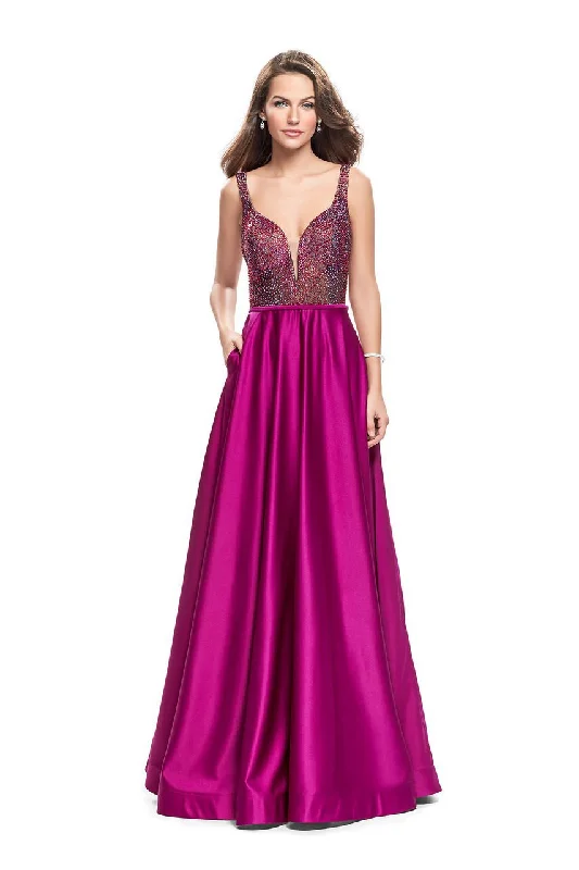 Fashionista Favorites Grab Romantic Date - Night Styles Now La Femme - 25348 Sleeveless Crystal Crusted Plunging Satin Gown