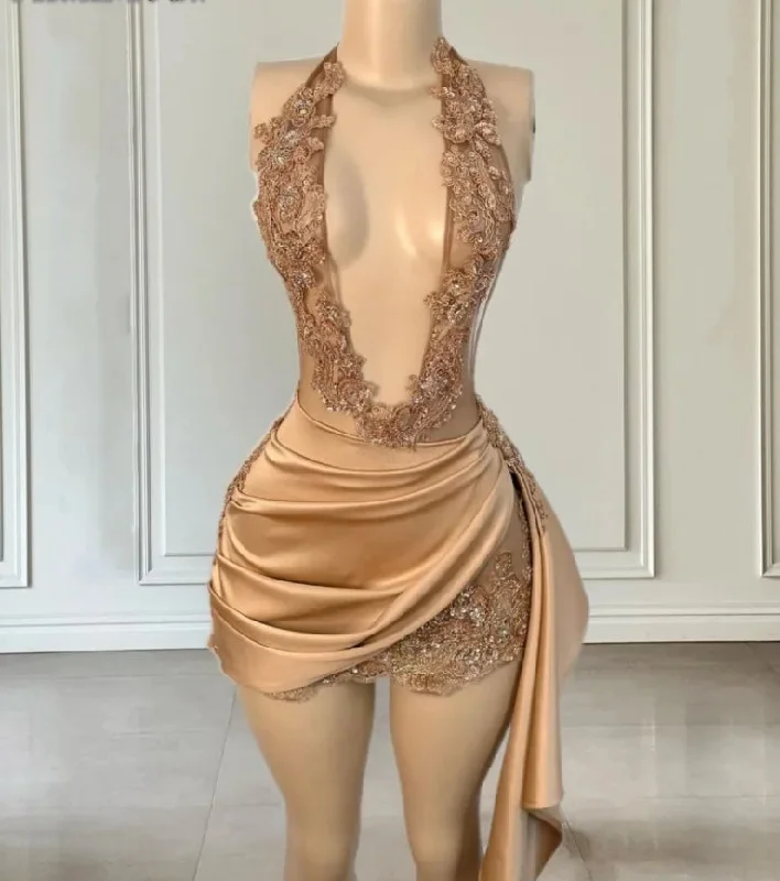 Discover Promotions Minimalist Chic Rose Gold Short Prom Dress For Women Halter Birthday Dresses For Your Birthday Beading Party Gowns Vestidos De Graduación