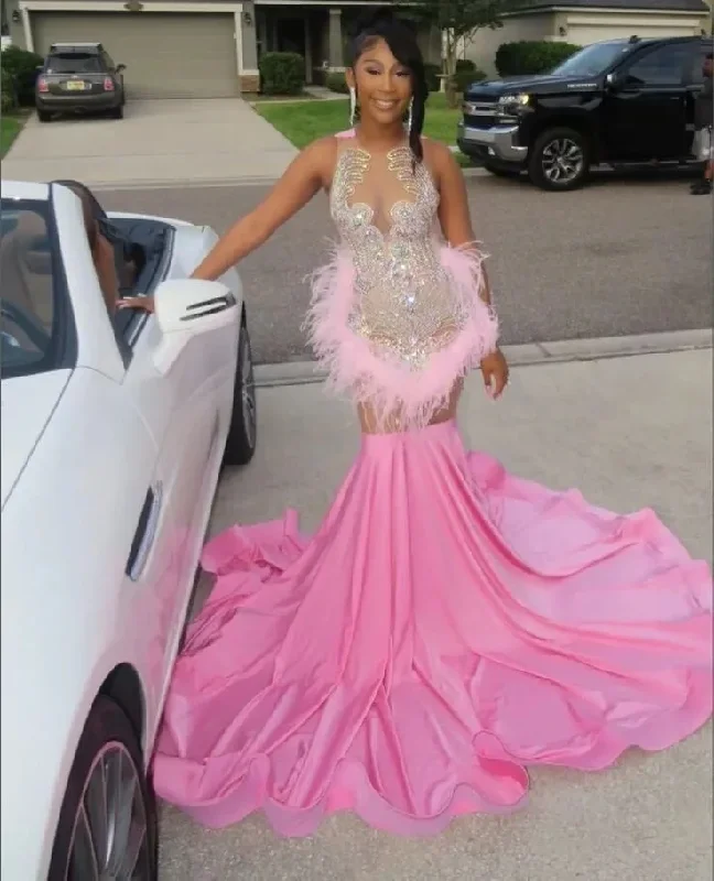 Unleash Your Fashion Chic Allure Hot Pink African Prom Dress for Women Luxury Crystal Feather Trumpet Evening Pageant Gown