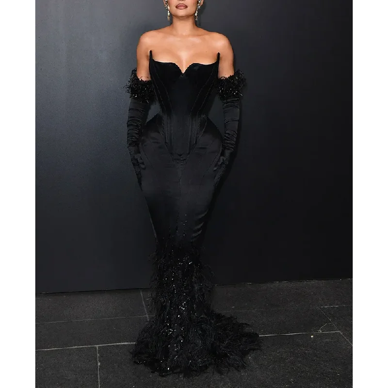 Street Style Discounts Contemporary Elegance Black Tassel Feathers Evening Dresses Classic Strapless Sweetheart Sequined Mermaid Gowns Fashion Elegant Party Prom Dresses