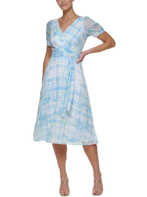 Budget Friendly Romantic Date - Night Ensemble Womens Puff Sleeve Plaid Midi Dress