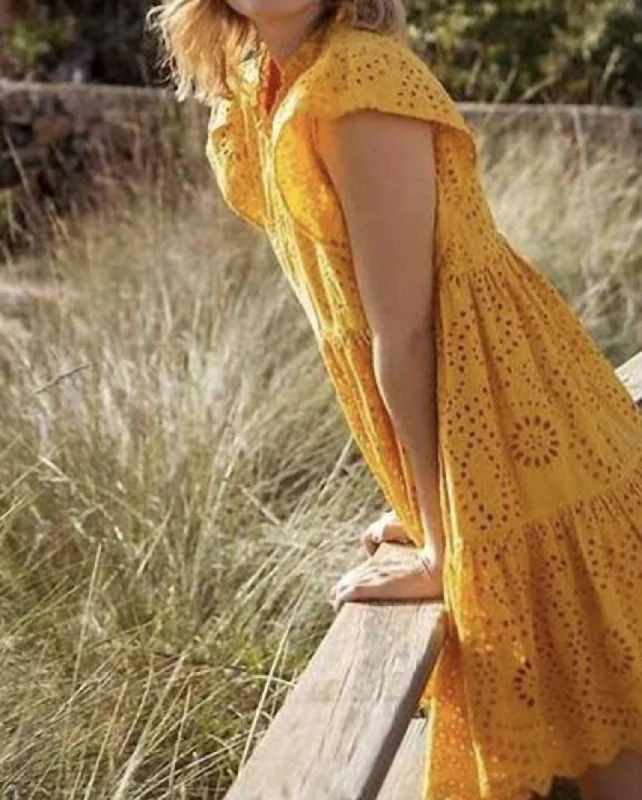 Statement Fashion Offers Boho Chic Eyelet Mini Dress In Yellow Eyelet