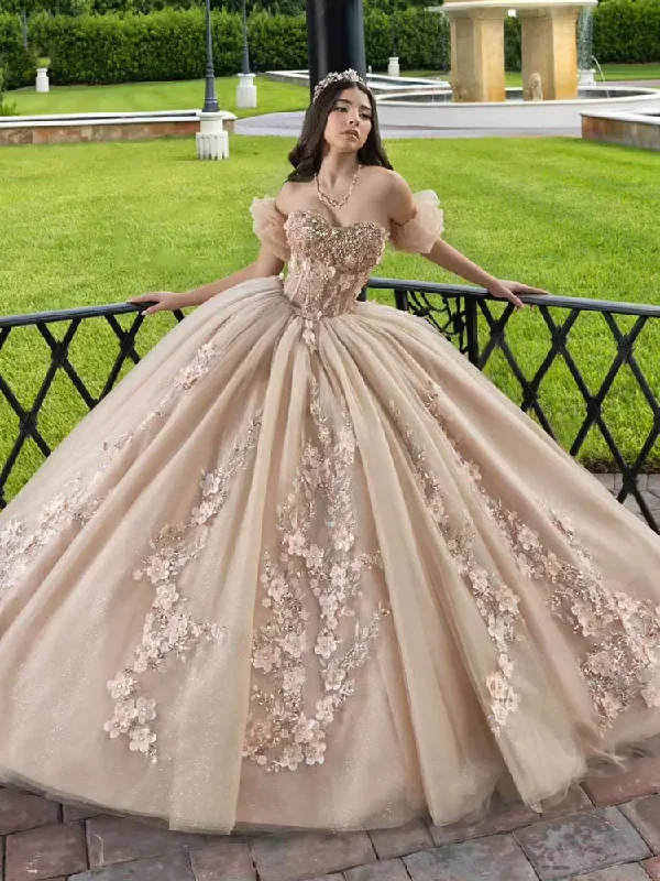 Contemporary Casual Deals Bohemian Vibe Champagne Detachable Sleeve Crystal Beading Ball Gown Quinceanera Dresses 3D Flowers Appliques Lace Corset Vestidos De 15 Años