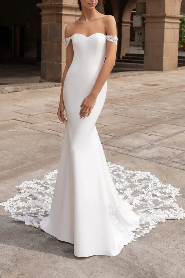 Timeless Style Promotions Chic Sophistication Fishtail Wedding Dress Off the Shoulder Lace Bohemian Style Wedding Dress Palace Train