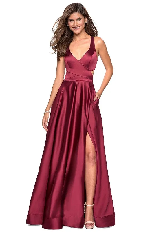 Chic And Trendy Classic Appeal La Femme - 27487 Plunging Halter V-neck Satin A-line Dress