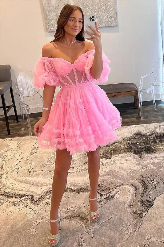 Exclusive Deals Online Romantic Date - Night Ensemble Off Shoulder A-line Sweetheart Mini Tulle Homecoming Dresses Short Puffy Sleeve Prom Dress Tiered Ruffles Cocktail Party Gowns