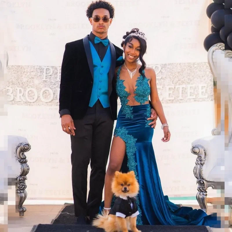 Casual Yet Chic Sales Effortless Comfort Turquoise Prom Dresses For Black Girl Sheer Neck Mermaid Party Gowns With Golve See Through Velvet