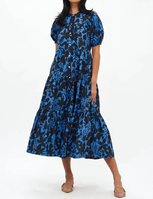 Hot Brand Discounts Vintage Retro Party Wear Scoop Tiered Midi Dress In Willow Blue