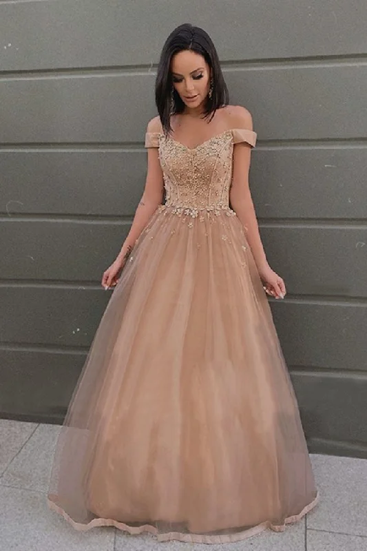 Budget Saver Boho - Chic Festival - Ready Style Off the Shoulder Champagne Lace Floral Prom Dress, Off Shoulder Champagne Formal Dress   cg16893