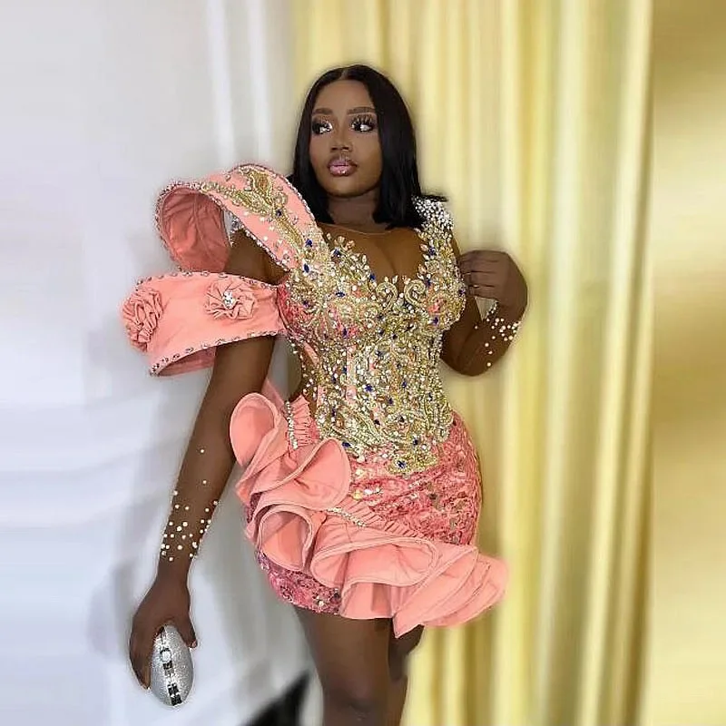 Ends Soon Chic Allure Aso Ebi Pink Short Prom Dresses Crystals Beaded Sheer Neck Illusion Long Sleeves African Women Above Knee Birthday Party Gowns