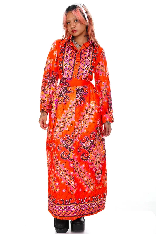 Buy More, Save More Elevated Style Vintage 70's Bright Orange Pattern Long-Sleeve Maxi Dress - XS/S