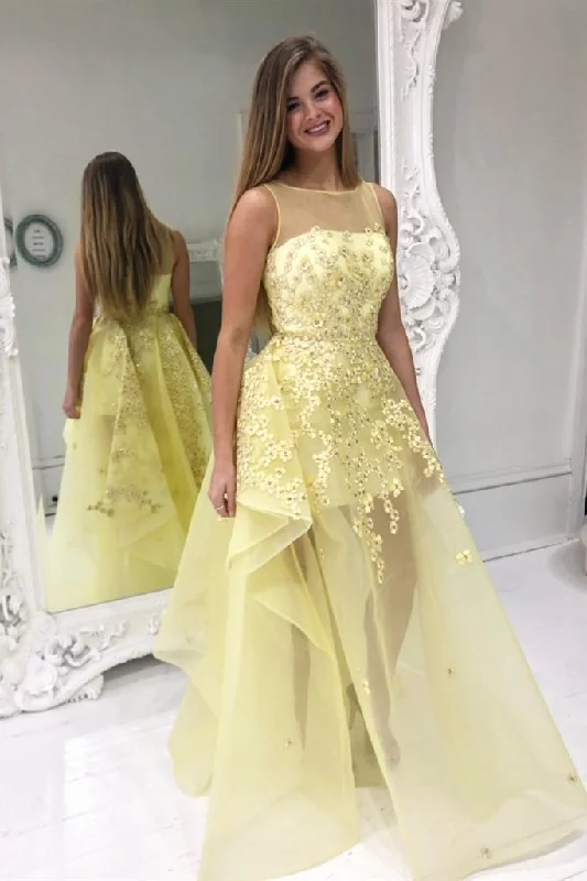 Evening Elegance Hollywood Glam Award - Show Style High Low Round Neck Yellow Floral Lace Long Prom Dress, Yellow Lace Formal Dress   cg15173