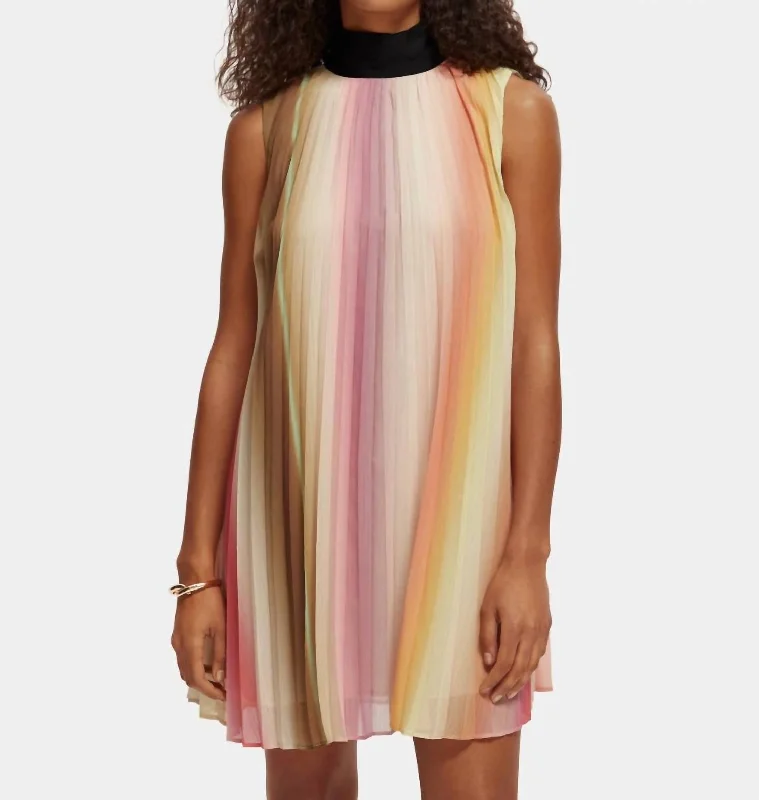 Mega Sale Formal Outfit Bow Pleated Mini Dress In Rainbow Ombre