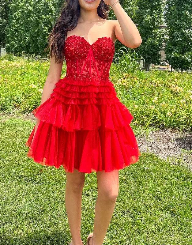 Chic & Modern Sales Dreamy Aesthetic Sweetheart Tiered Ruffles Sequins Homecoming Dresses Lace Appliques Sleeveless Graduation Dress A-line Short Formal Prom Gowns